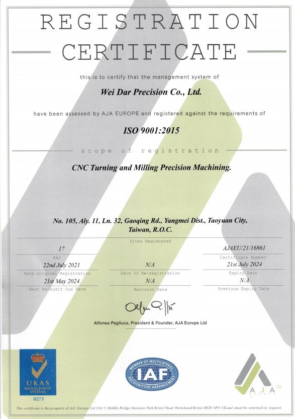 緯達精密ISO 9001 2015證書英文